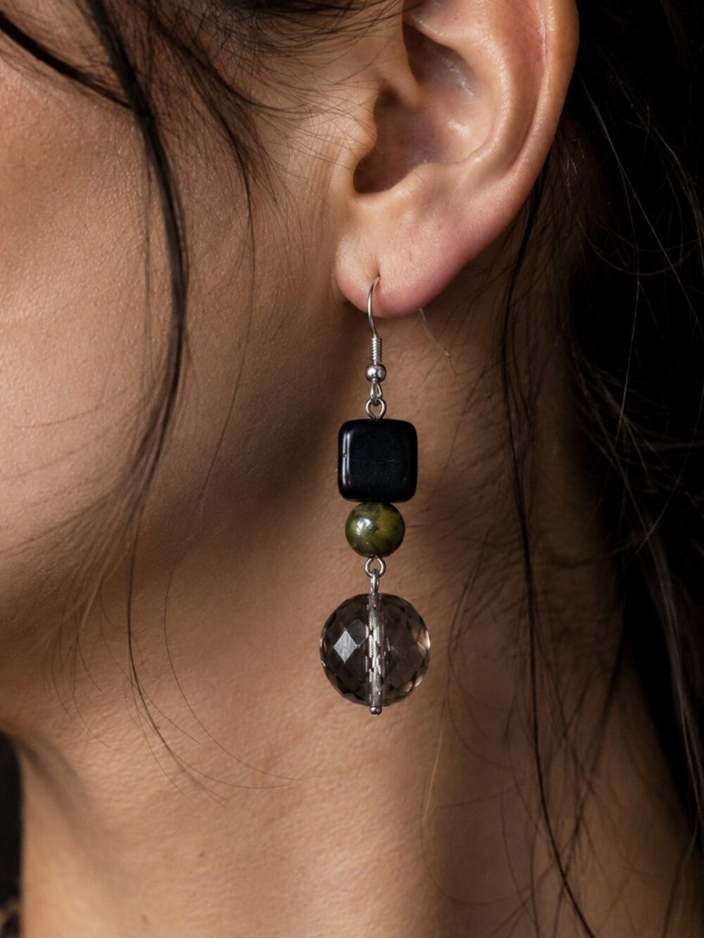 Witchy Serpentine, Blackstone & Smoky Crystal Drop Earrings - Sterling Silver